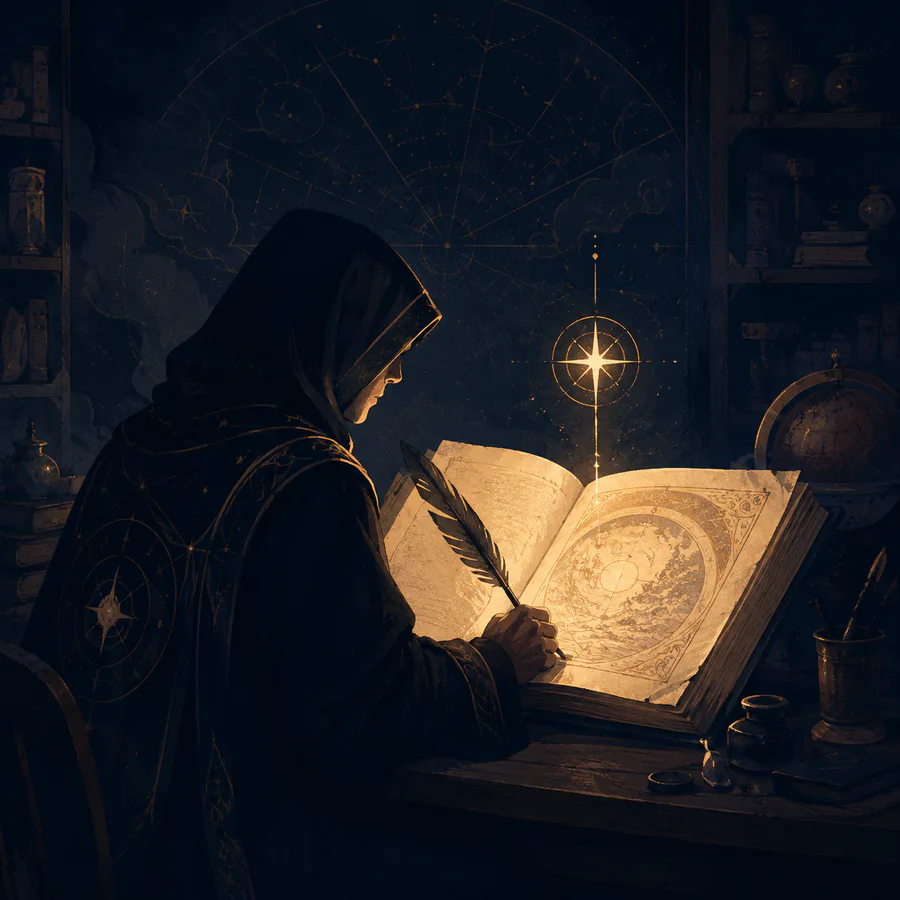 A fantasy worldbuilder naming a character in an illuminated manuscript