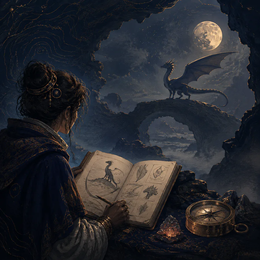 A fantasy naturalist studying a dragon-like creature by moonlight
