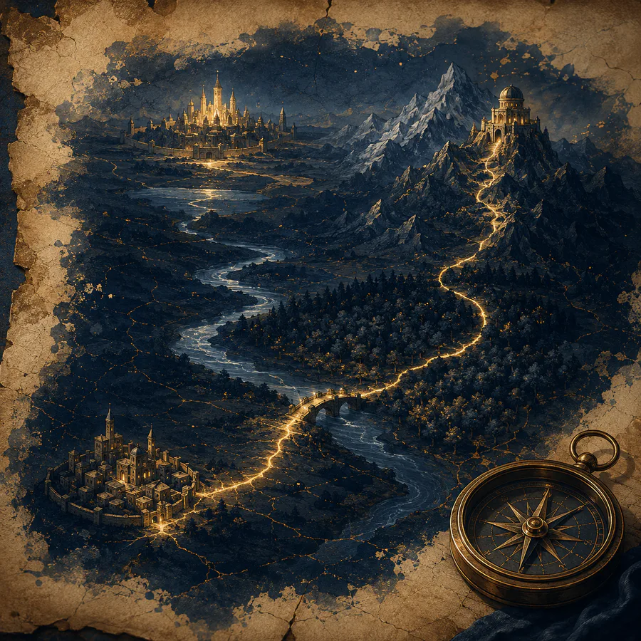 An imagined fantasy map linking cities, rivers, forests, and mountains
